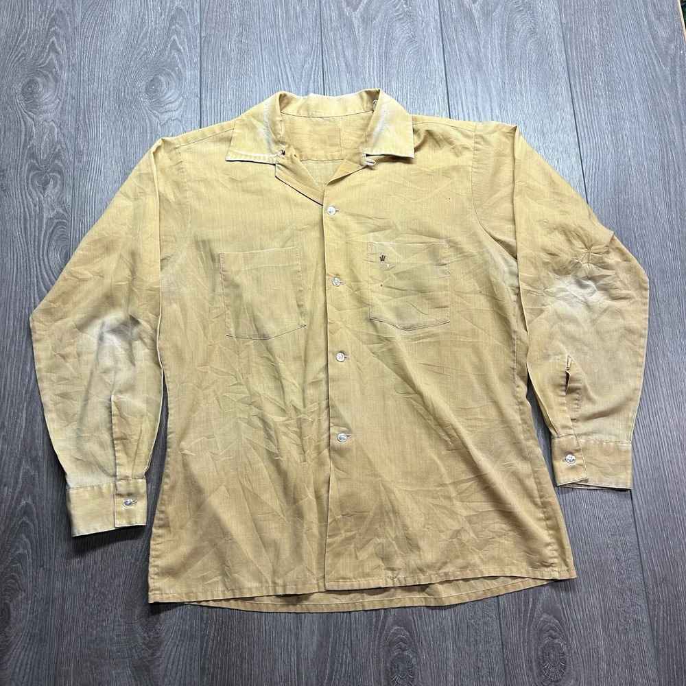 Vintage 60s Mustard Yellow Large Camp Loop Collar Long Sleeve Button Down Shirt